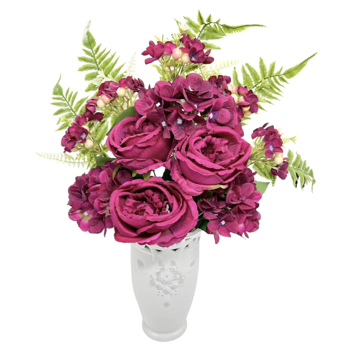 Buchet 11 Fire Trandafiri Austin cu Hortensie Marsala