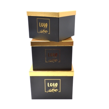 Set 3 cutii patrate love flower negru cu capac auriu