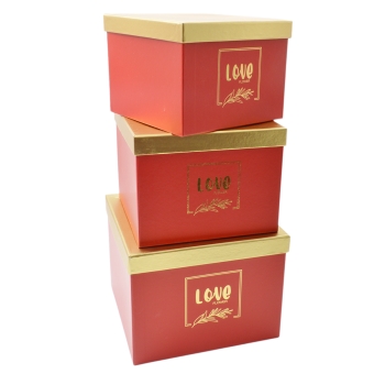 Set 3 cutii patrate love flower rosu cu capac auriu