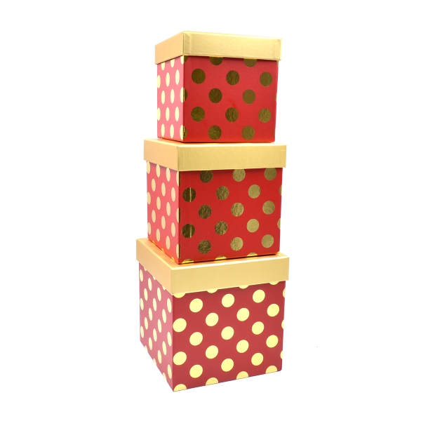 Set 3 cutii patrate cu snur buline aurii cu rosu AFO
