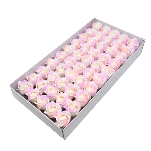 Set 50 trandafiri sapun parfumati, atingere reala, ALB DEGRADE lila roz